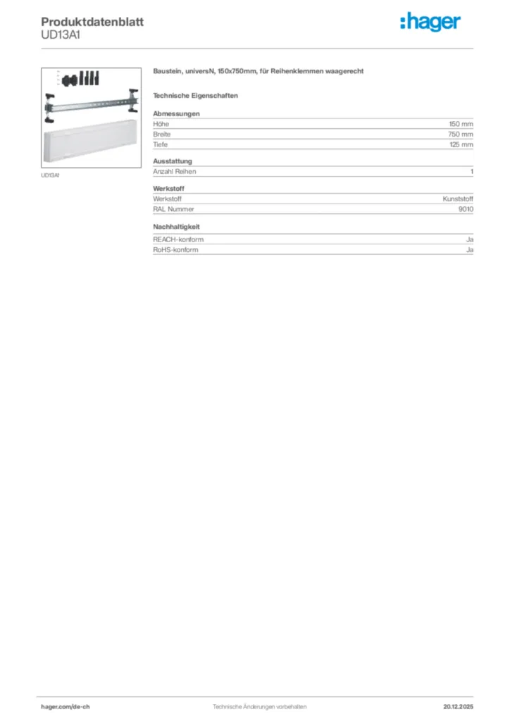 Bild Hager Produktdatenblatt UD13A1 | Hager Schweiz