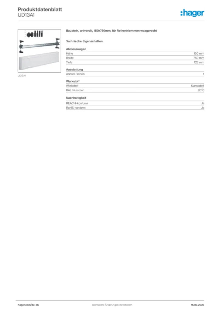Bild Hager Produktdatenblatt UD13A1 | Hager Schweiz