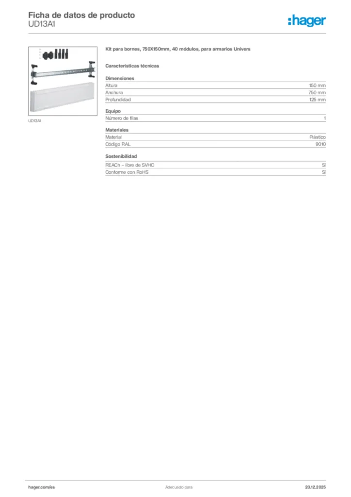 Imagen Hager Ficha de datos de producto UD13A1 | Hager España