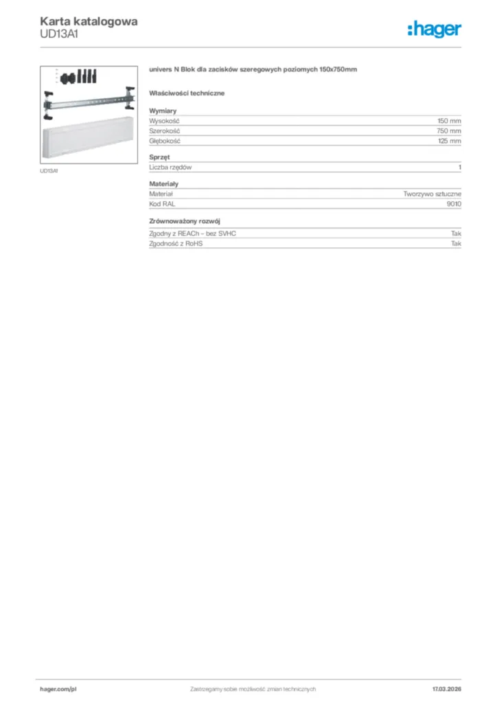 Zdjęcie Hager Karta katalogowa UD13A1 | Hager Polska