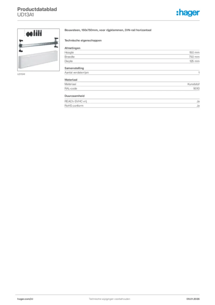 Afbeelding Hager Productdatablad UD13A1 | Hager Nederland