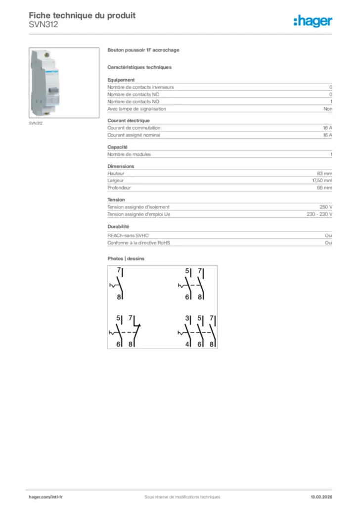 Image Hager Fiche technique du produit SVN312 | Hager Afrique