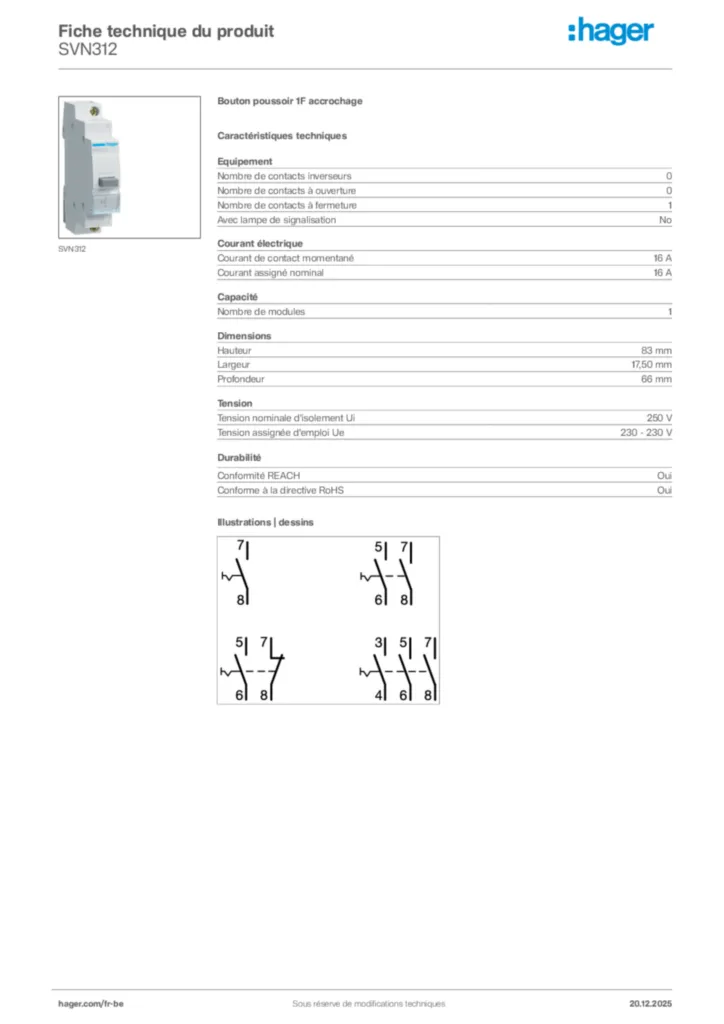 Image Hager Fiche technique du produit SVN312 | Hager Belgique