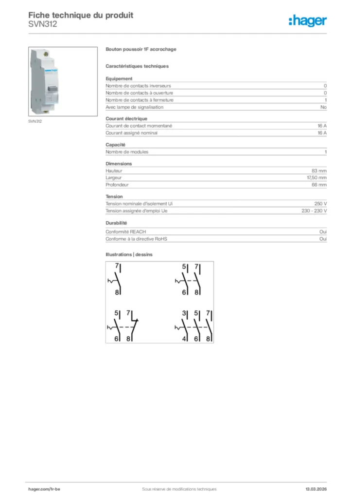 Image Hager Fiche technique du produit SVN312 | Hager Belgique