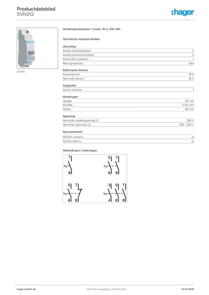 Afbeelding Hager Productdatablad SVN312 | Hager Belgium