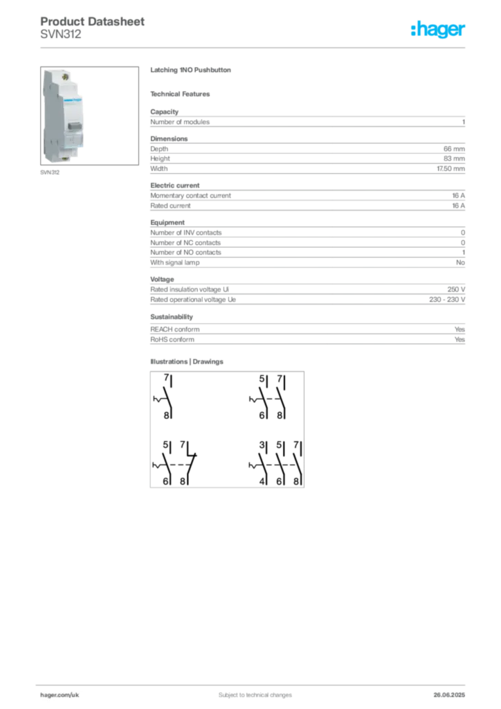 Image Hager Product data sheet SVN312  | Hager