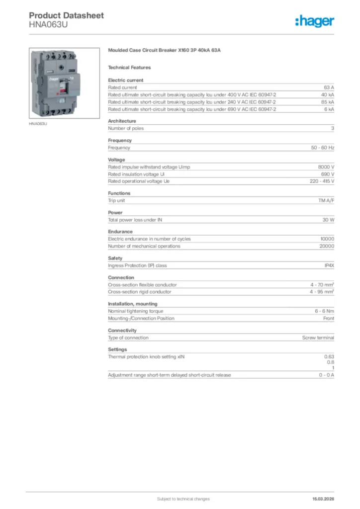 Image Hager Product data sheet HNA063U  | Hager Africa