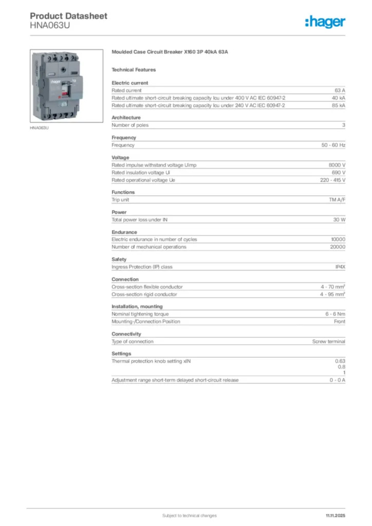 Image Hager Product data sheet HNA063U  | Hager Africa