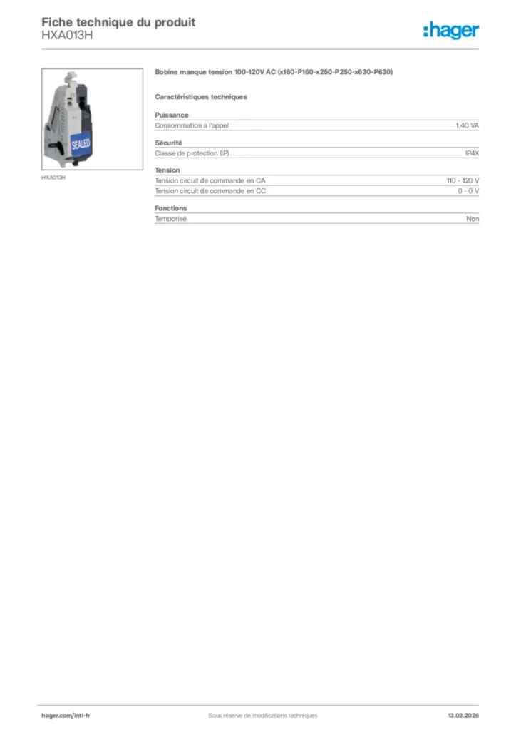 Image Hager Fiche technique du produit HXA013H | Hager Afrique