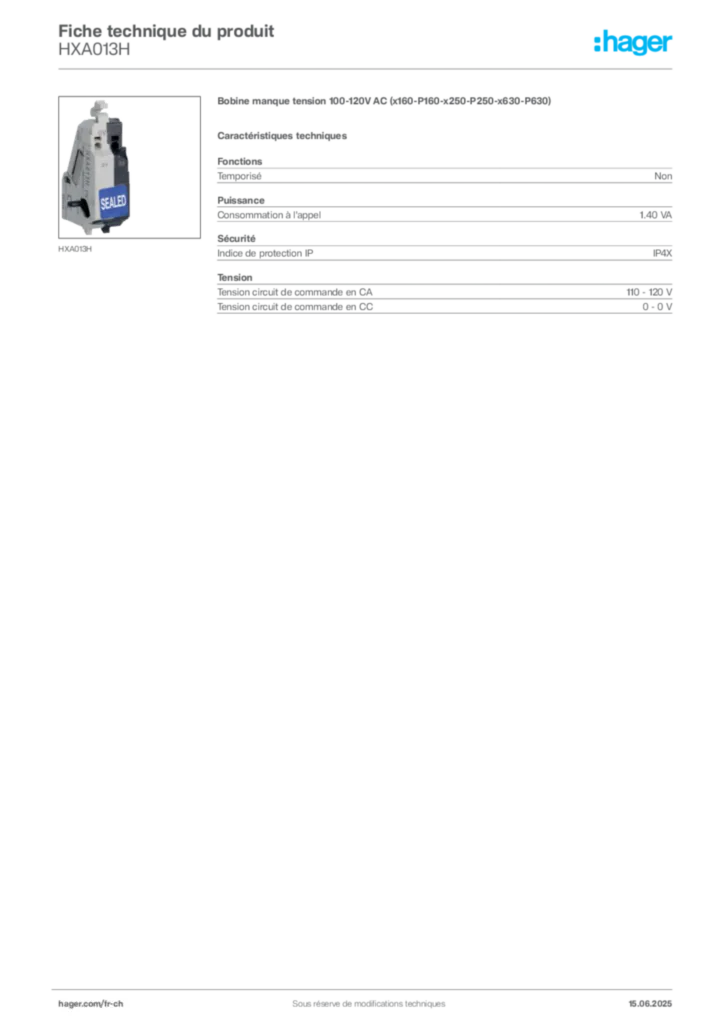 Image Hager Fiche technique du produit HXA013H | Hager Suisse