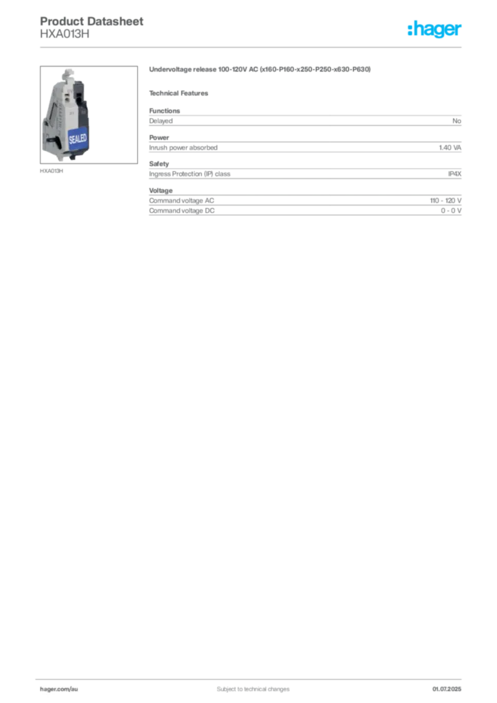 Image Hager Product data sheet HXA013H  | Hager Australia