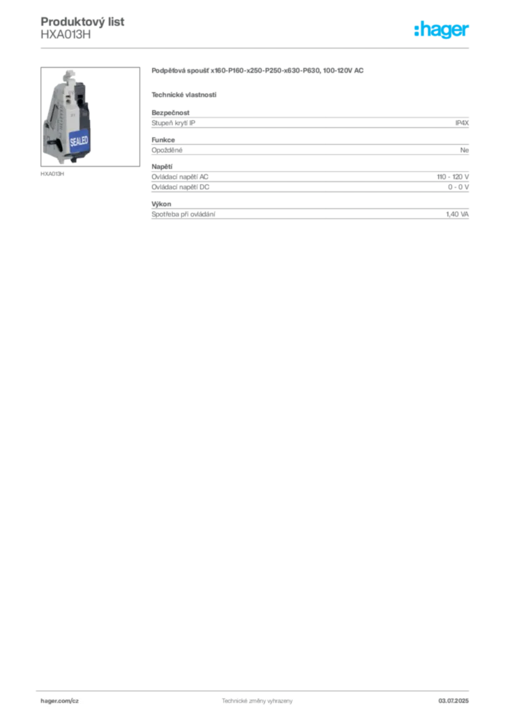 Obrázek Hager Produktový list HXA013H | Hager