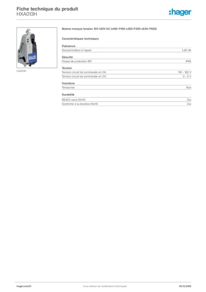 Image Hager Fiche technique du produit HXA013H | Hager France