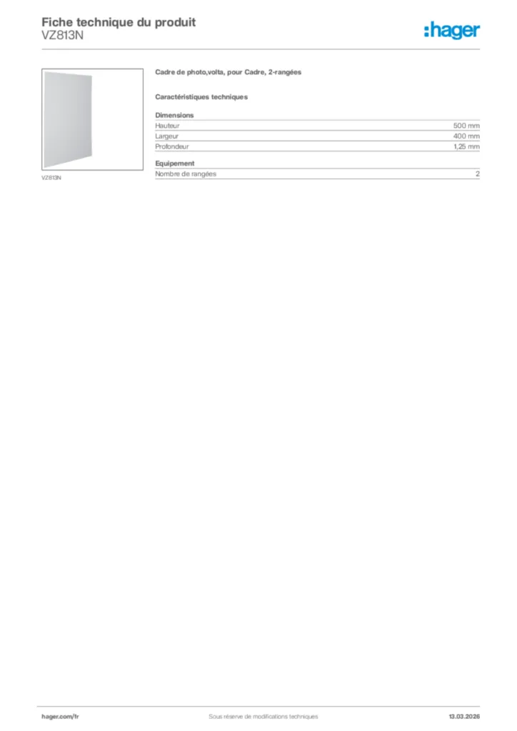 Image Hager Fiche technique du produit VZ813N | Hager France