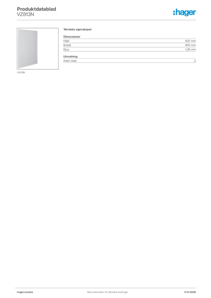 Bild Hager Produktdatablad VZ813N | Hager Sverige
