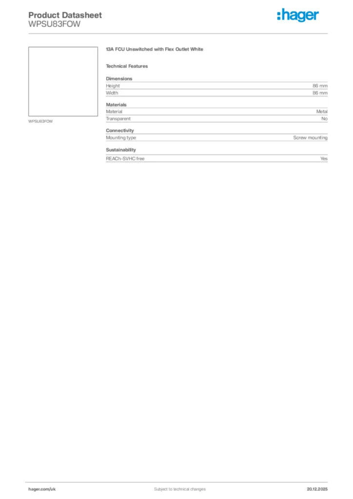 Image Hager Product data sheet WPSU83FOW  | Hager