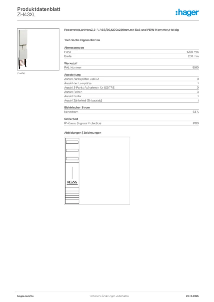 Bild Hager Produktdatenblatt ZH43XL | Hager Deutschland