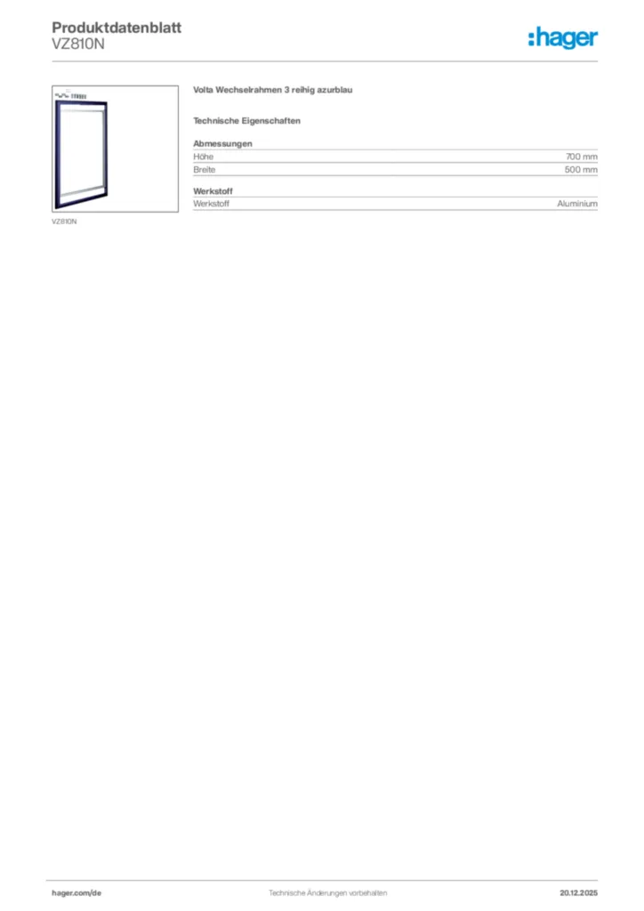 Bild Hager Produktdatenblatt VZ810N | Hager Deutschland