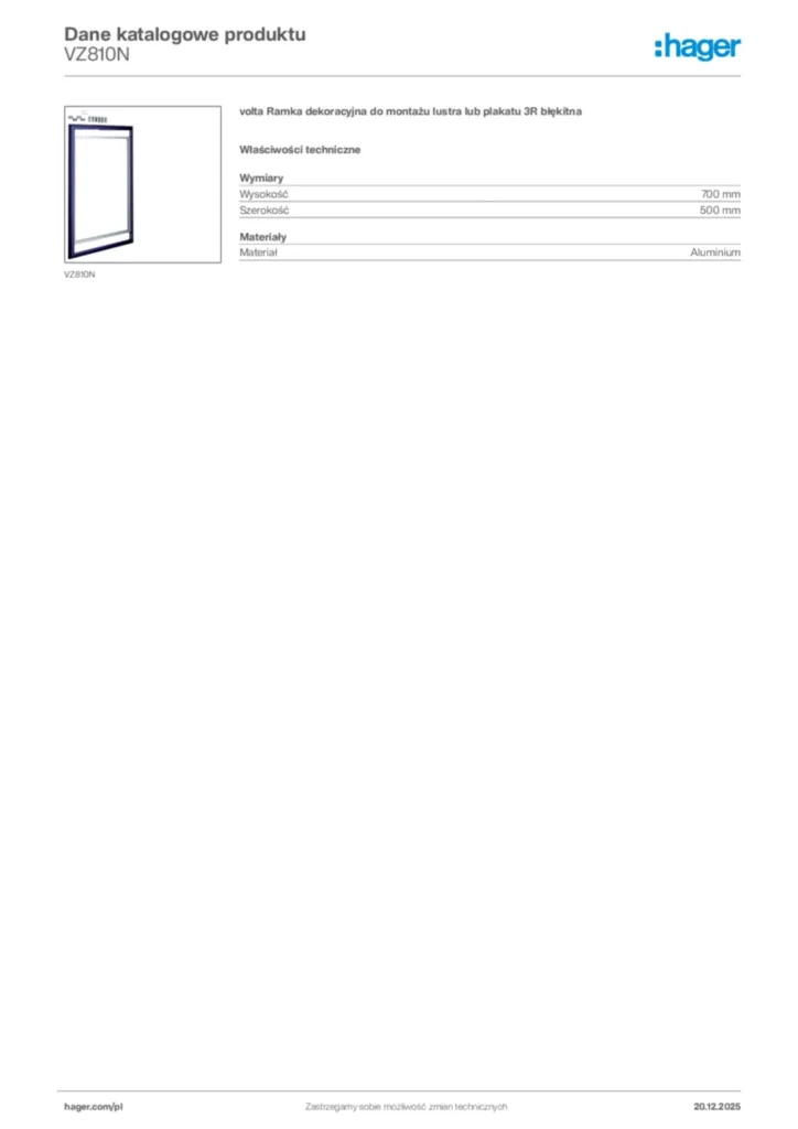 Zdjęcie Hager Karta katalogowa VZ810N | Hager Polska