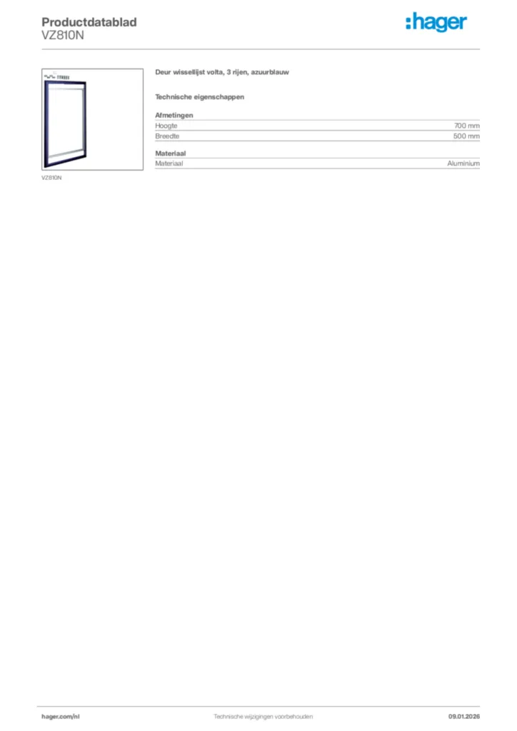 Afbeelding Hager Productdatablad VZ810N | Hager Nederland