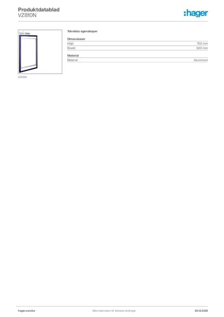 Bild Hager Produktdatablad VZ810N | Hager Sverige