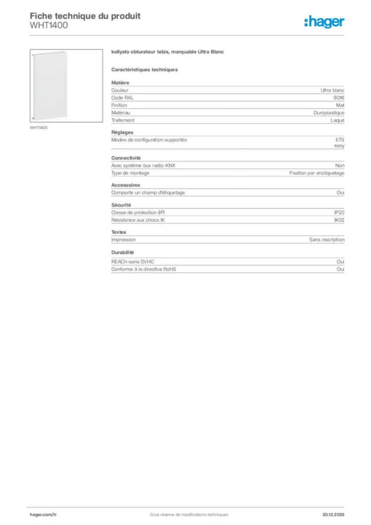 Image Hager Fiche technique du produit WHT1400 | Hager France