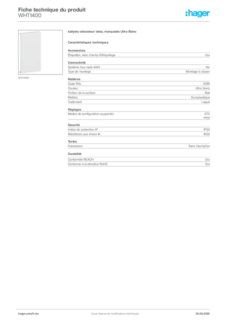 Image Hager Fiche technique du produit WHT1400 | Hager Belgique