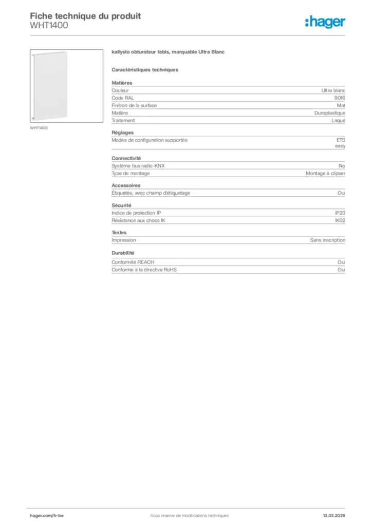 Image Hager Fiche technique du produit WHT1400 | Hager Belgique
