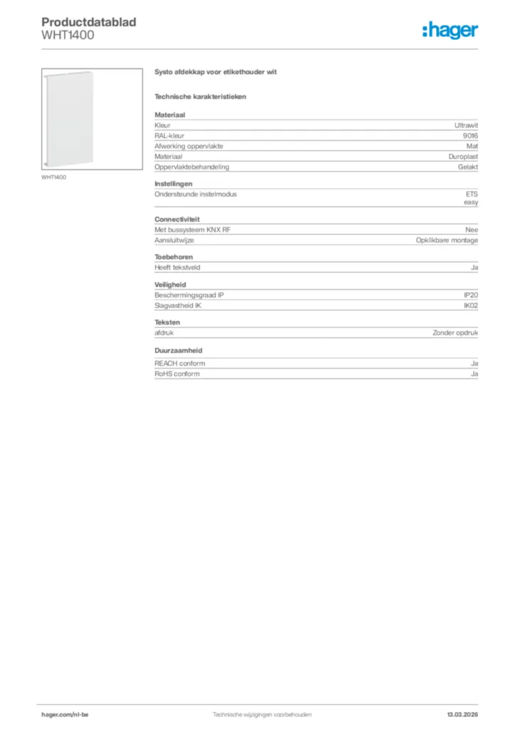 Afbeelding Hager Productdatablad WHT1400 | Hager Belgium