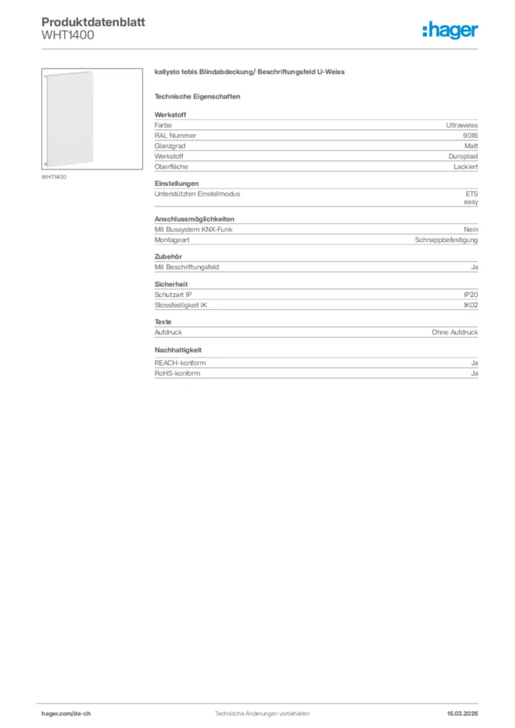 Bild Hager Produktdatenblatt WHT1400 | Hager Schweiz