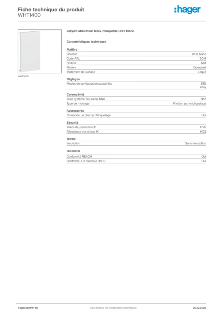 Image Hager Fiche technique du produit WHT1400 | Hager Suisse