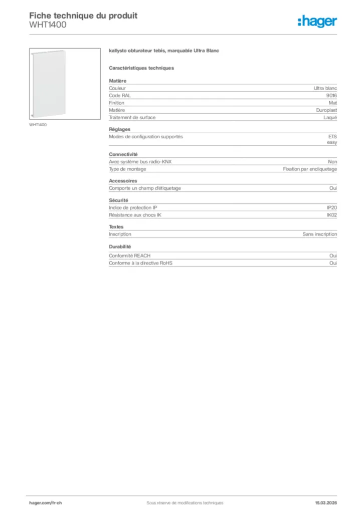 Image Hager Fiche technique du produit WHT1400 | Hager Suisse