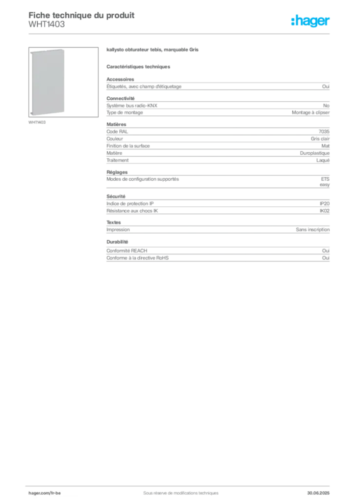 Image Hager Fiche technique du produit WHT1403 | Hager Belgique