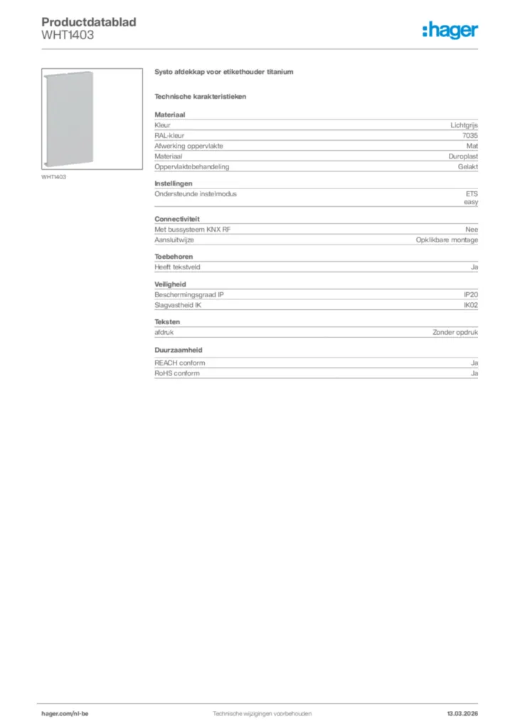 Afbeelding Hager Productdatablad WHT1403 | Hager Belgium