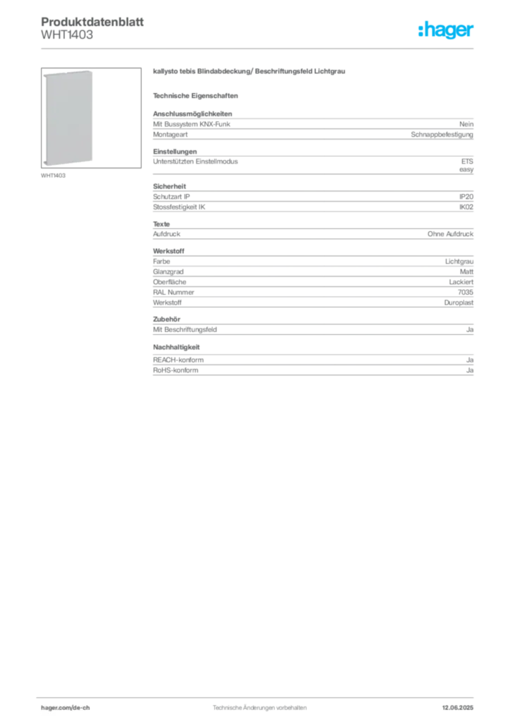 Bild Hager Produktdatenblatt WHT1403 | Hager Schweiz