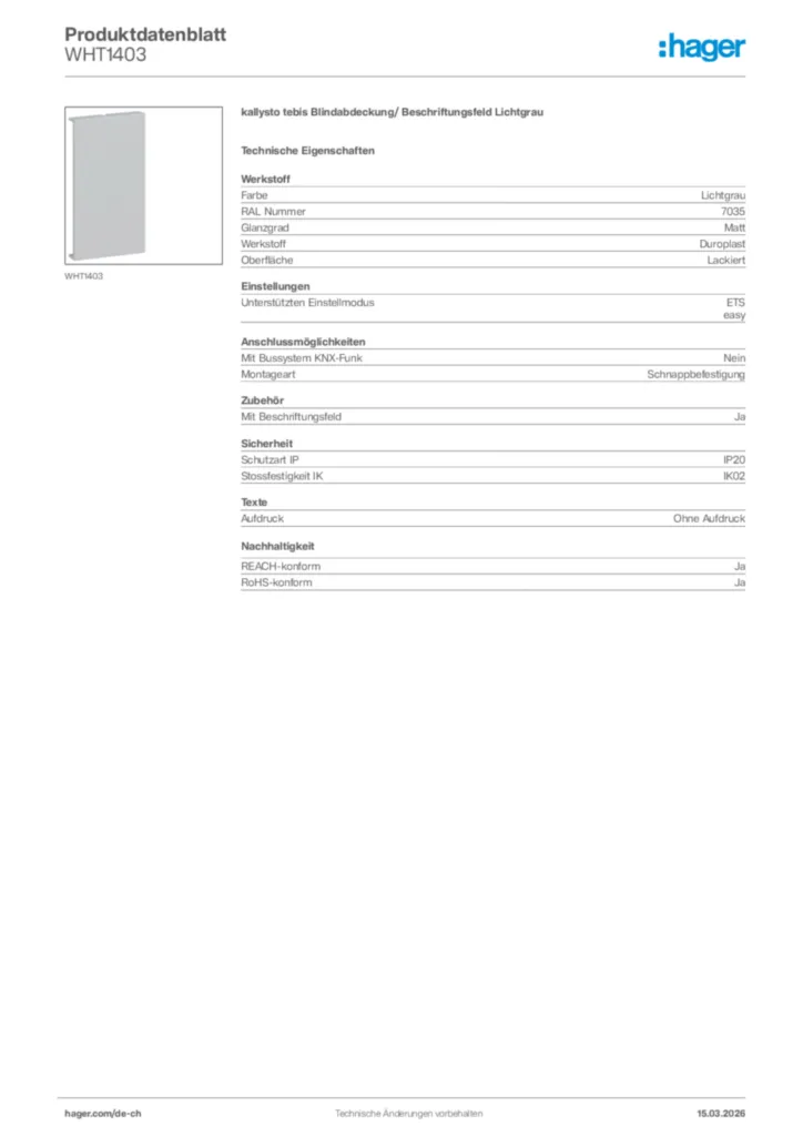 Bild Hager Produktdatenblatt WHT1403 | Hager Schweiz
