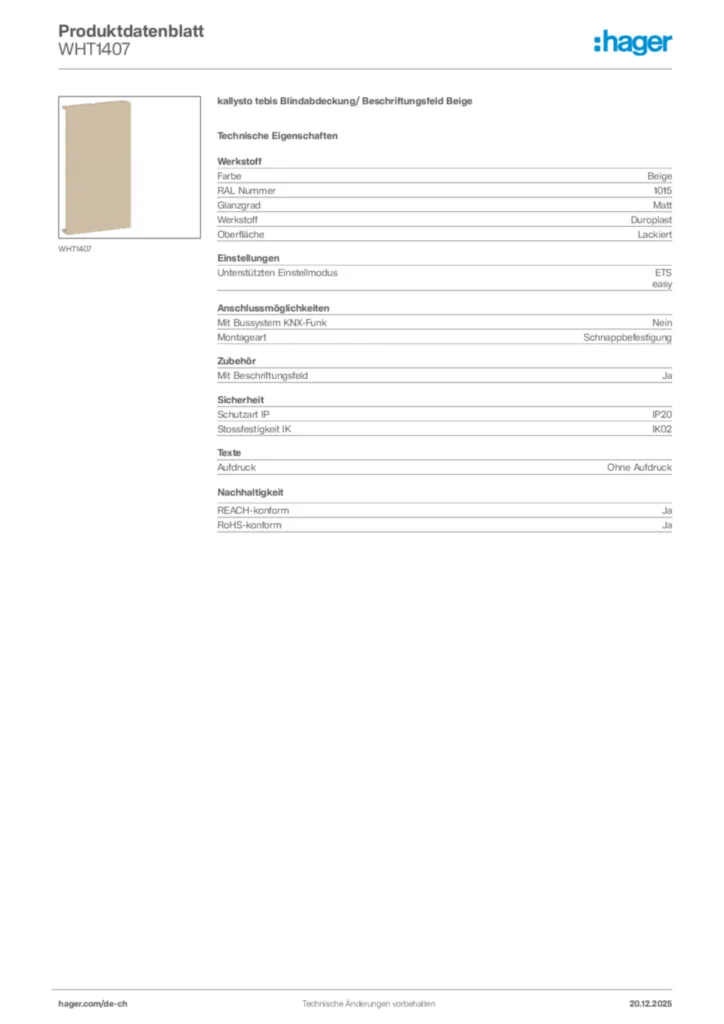 Bild Hager Produktdatenblatt WHT1407 | Hager Schweiz