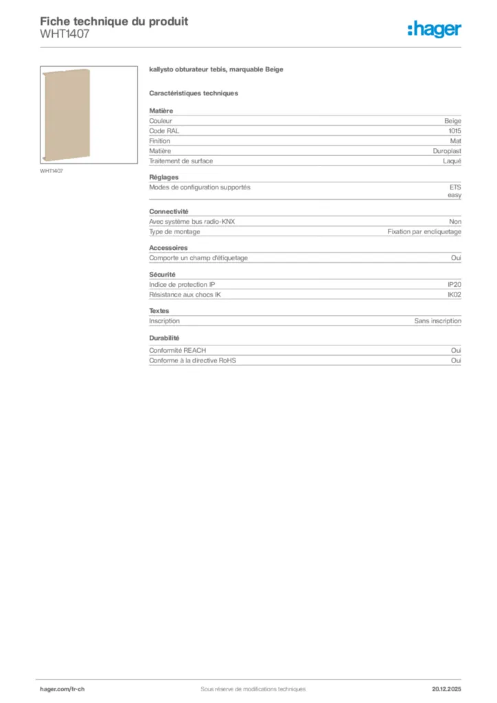 Image Hager Fiche technique du produit WHT1407 | Hager Suisse