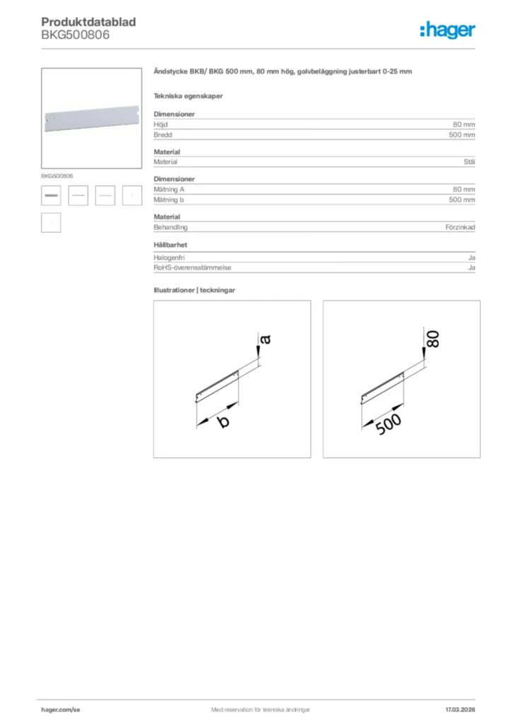 Bild Hager Produktdatablad BKG500806 | Hager Sverige