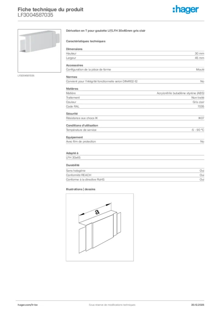 Image Hager Fiche technique du produit LF3004587035 | Hager Belgique