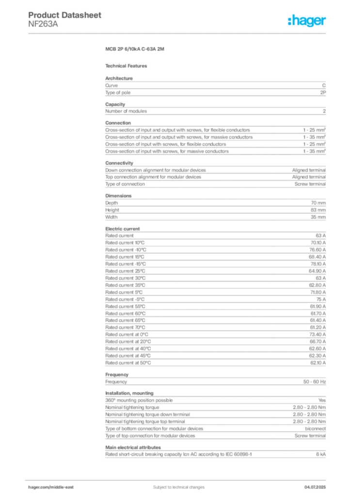 Image Hager Product data sheet NF263A  | Hager