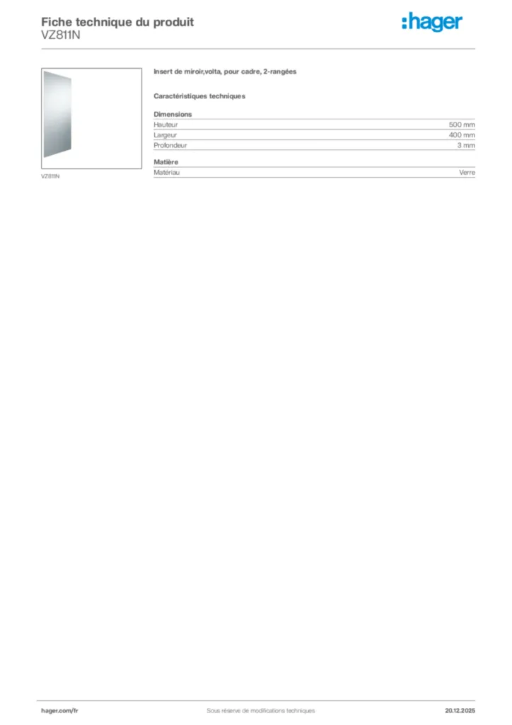Image Hager Fiche technique du produit VZ811N | Hager France