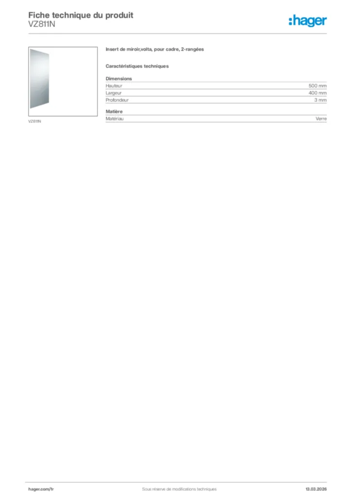 Image Hager Fiche technique du produit VZ811N | Hager France