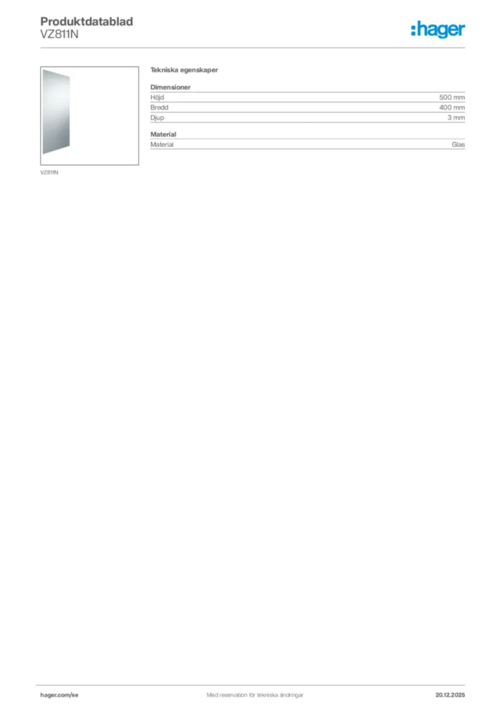 Bild Hager Produktdatablad VZ811N | Hager Sverige