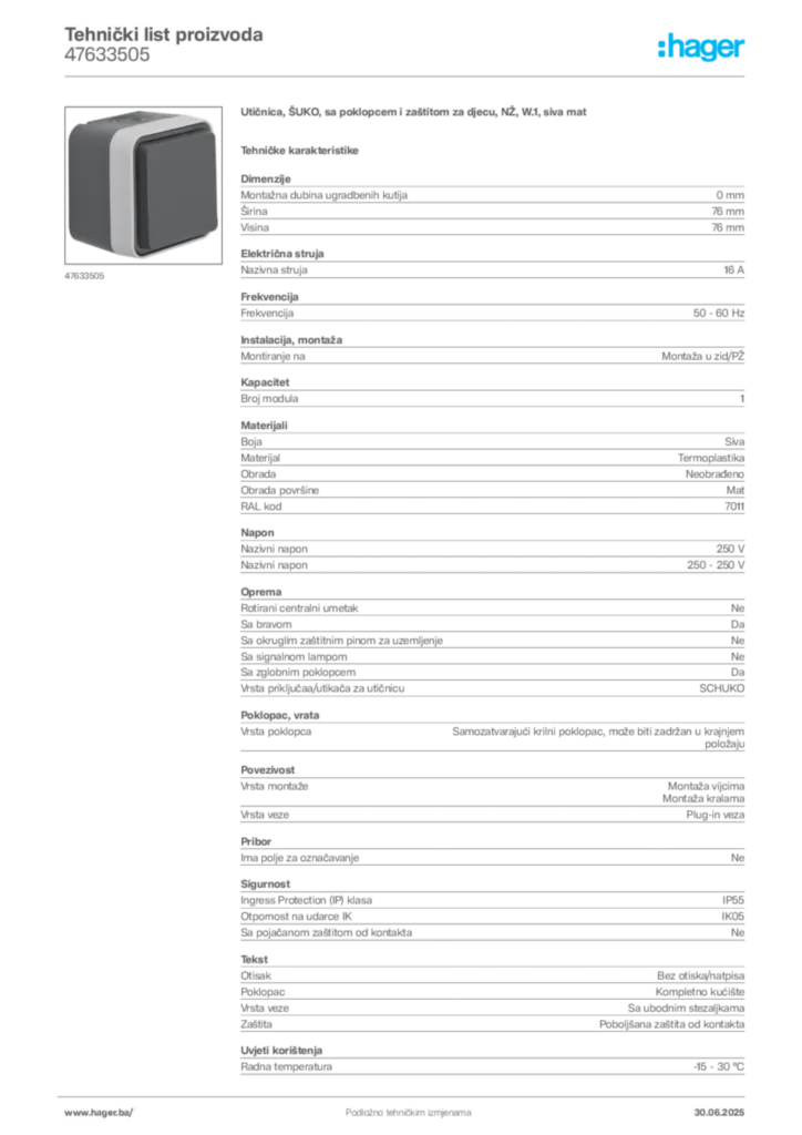 Slika Hager Product data sheet 47633505  | Hager