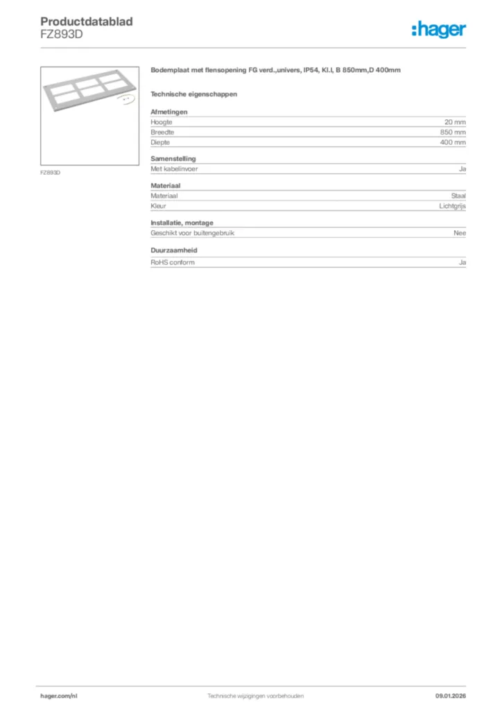 Afbeelding Hager Productdatablad FZ893D | Hager Nederland