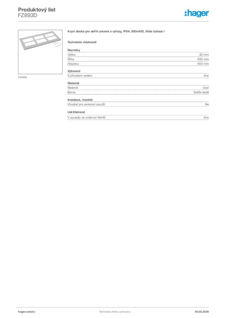 Obrázek Hager Product data sheet FZ893D | Hager