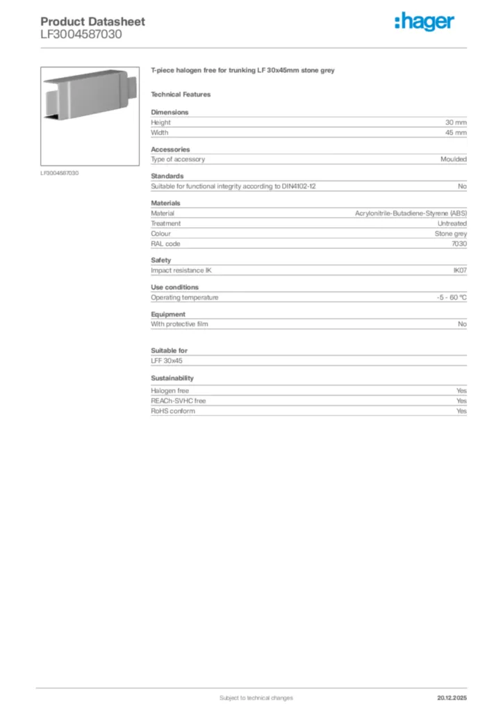 Image Hager Product data sheet LF3004587030  | Hager Africa