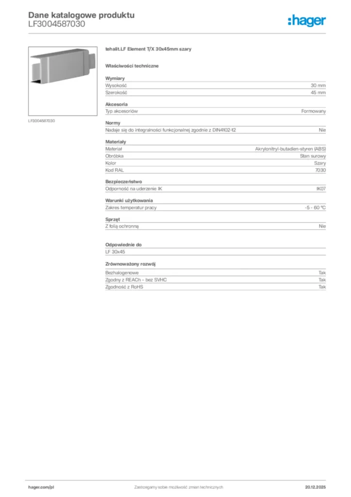 Zdjęcie Hager Karta katalogowa LF3004587030 | Hager Polska