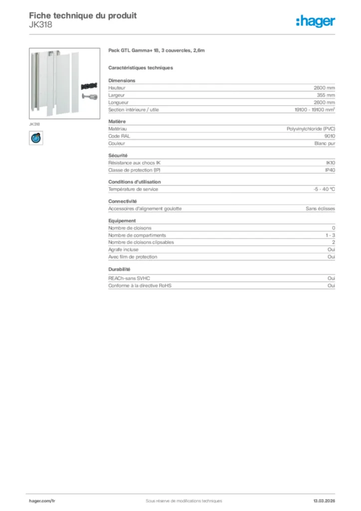 Image Hager Fiche technique du produit JK318 | Hager France